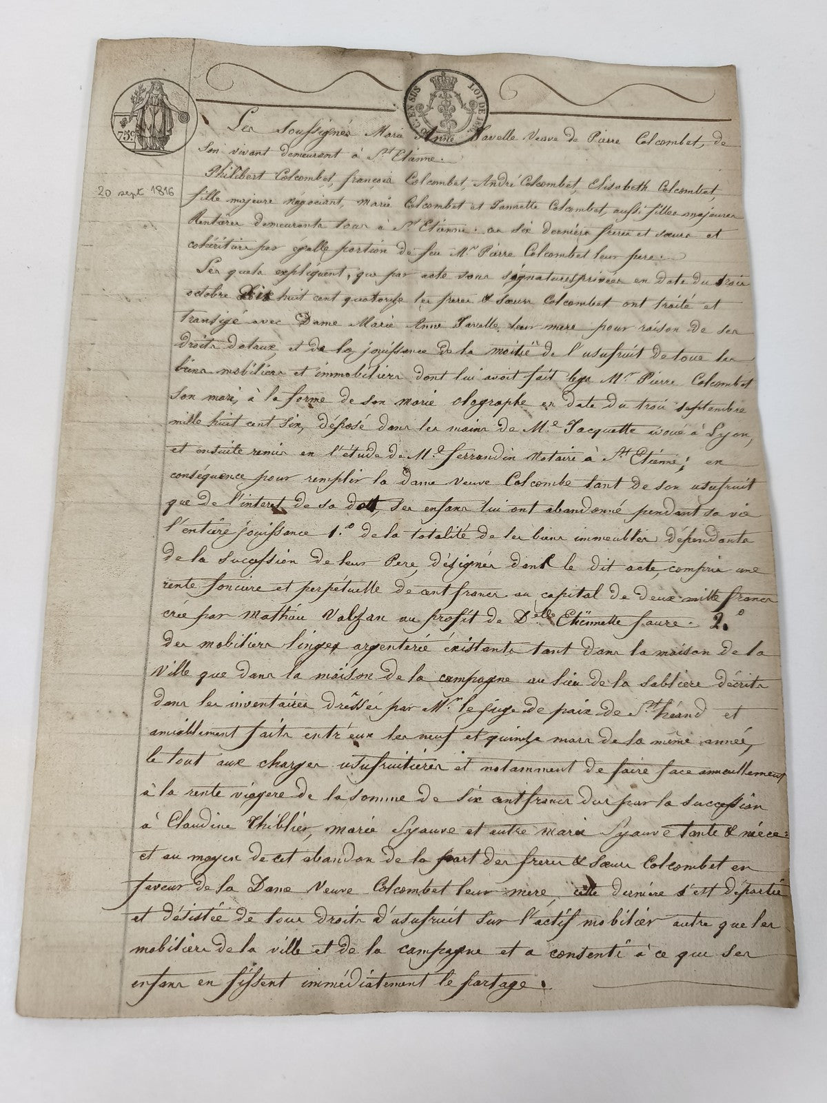 Acte manuscrit 1816 papier timbré Louis XVIII succession Colombet XIXe