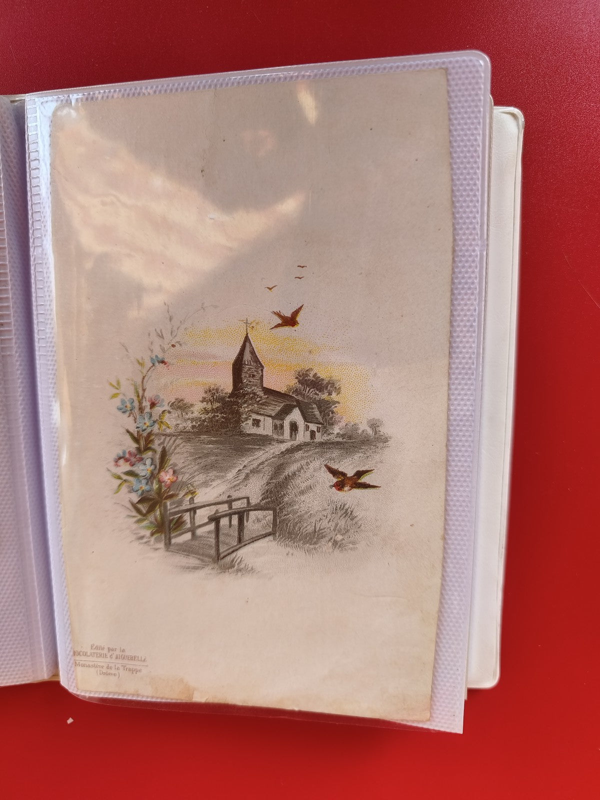 Carte de v?ux ancienne vintage église campagne oiseaux fleurs illustrée