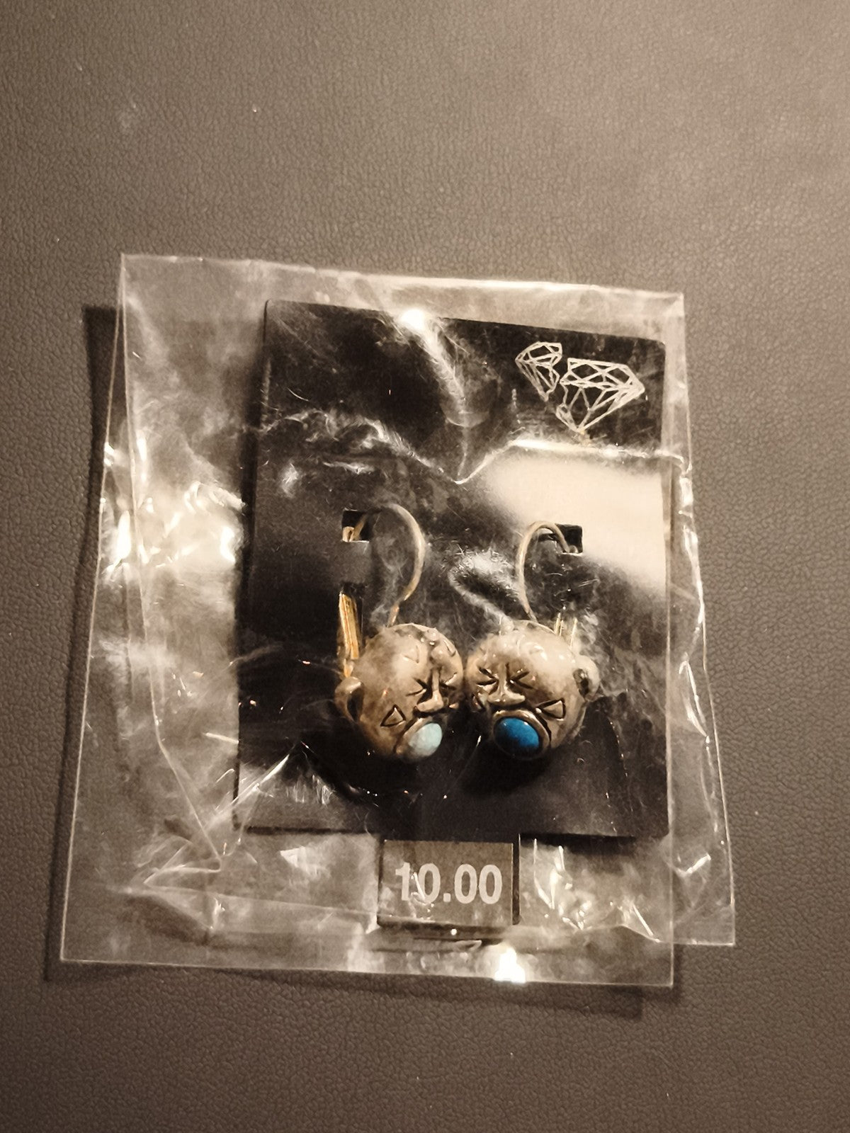 Boucles d'oreilles vintage pendantes motif ethnique bleu deadstock ancien