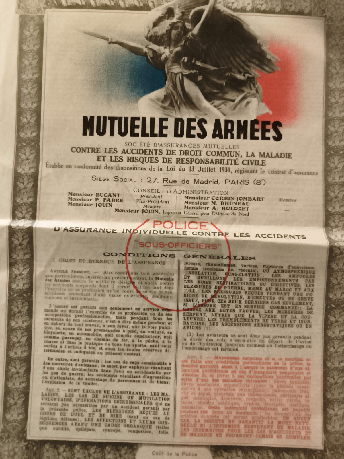 Ancien document Mutuelle des Armées Police d’assurance sous-officiers 1930