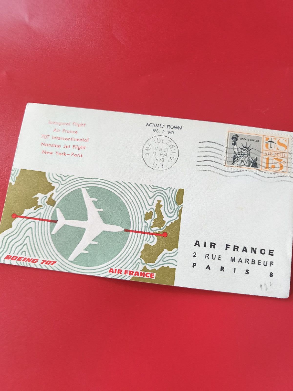 Enveloppe philatélie Air France Boeing 707 vol inaugural New York Paris