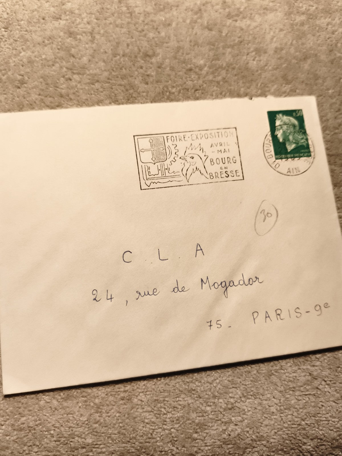 Lettre oblitérée Foire-Exposition Bourg-en-Bresse timbre Marianne 0,50 philatéli