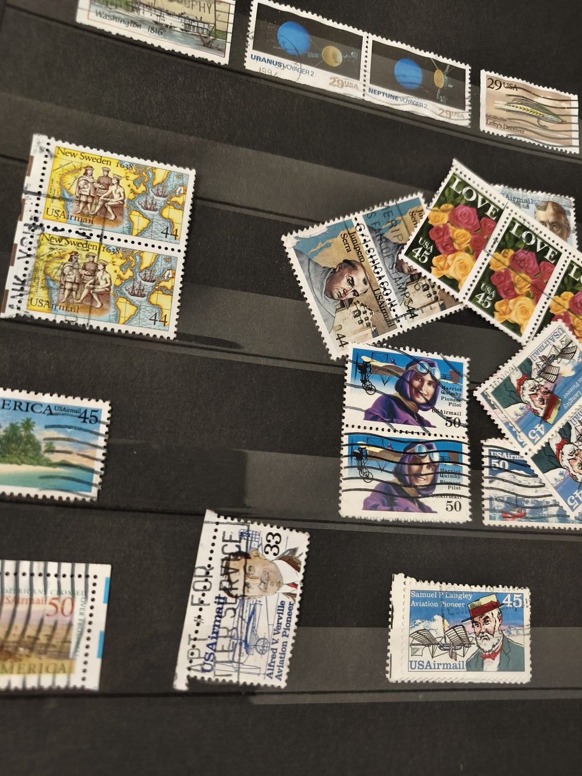 Lot anciens timbres USA oblitérés, thématique aviation, exploration, fleurs