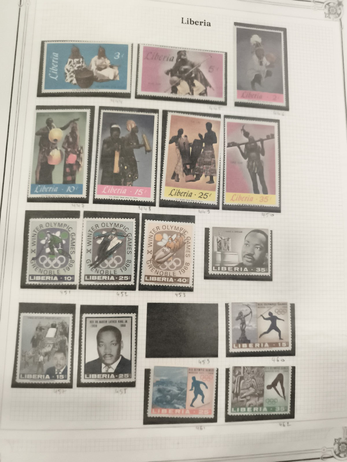 Timbres Liberia thématiques jeux olympiques, personnalités, costumes, lot philat