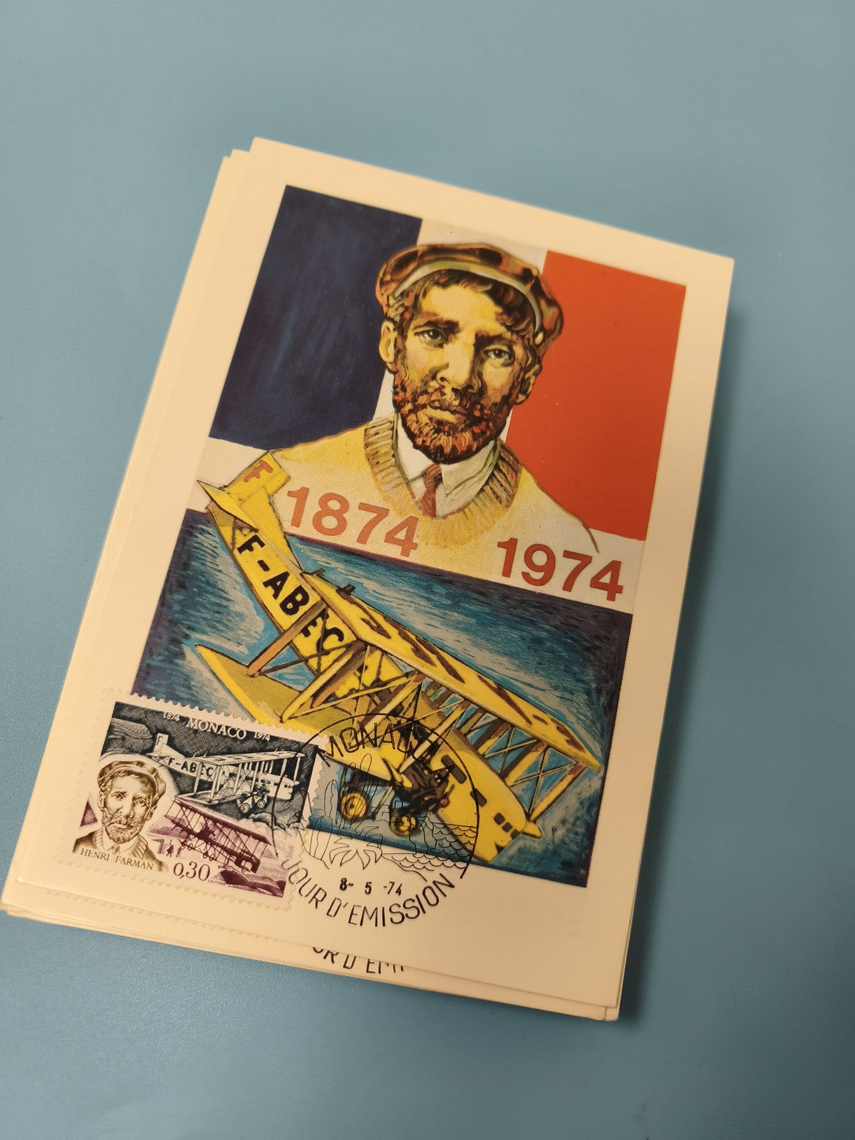 Carte postale philatélie avion jaune Henri Farman Monaco timbre oblitéré