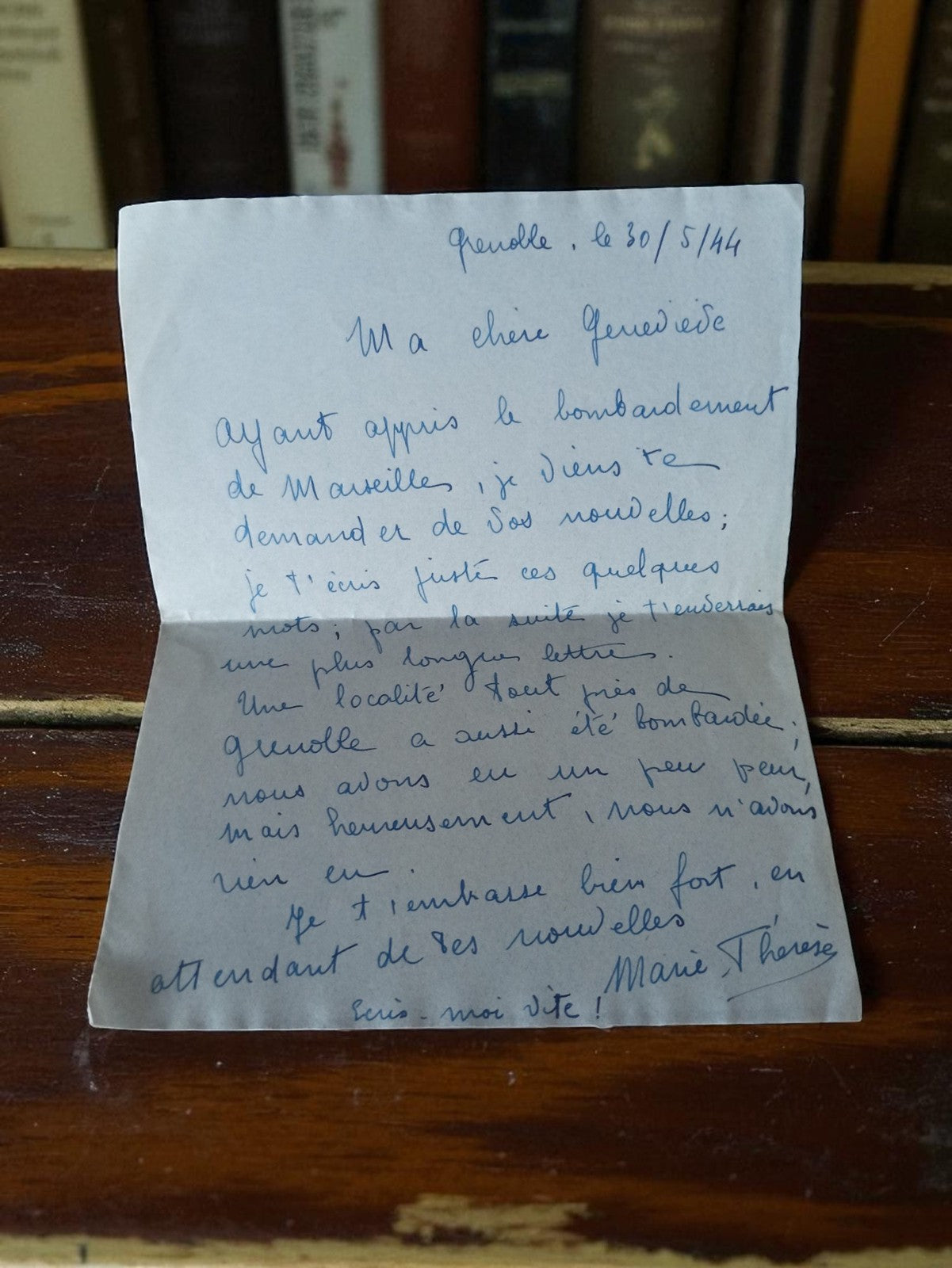 Lettre manuscrite ancienne 1944 WW2 Grenoble bombardement Marseille vintage