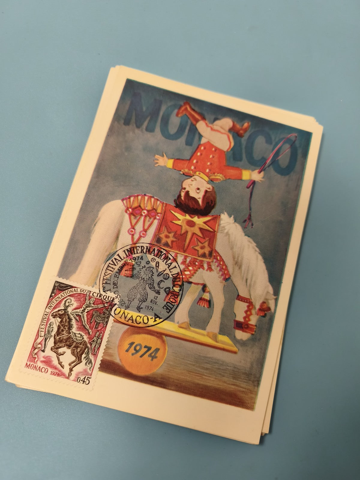 Carte postale Monaco 1974 timbre Festival International du Cirque enfant cheval