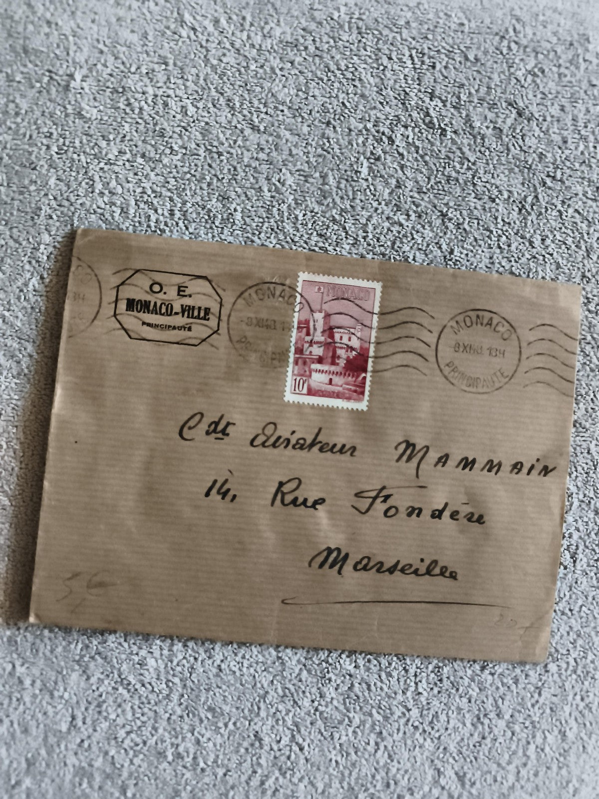 Lettre oblitérée Monaco-Ville timbre 10F rouge philatélie Marseille