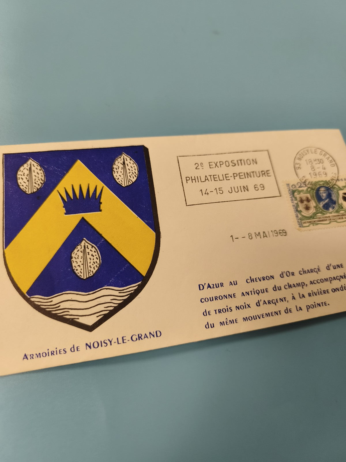 Enveloppe FDC Noisy-le-Grand 2e Exposition Philatélie 1969 blason couleurs