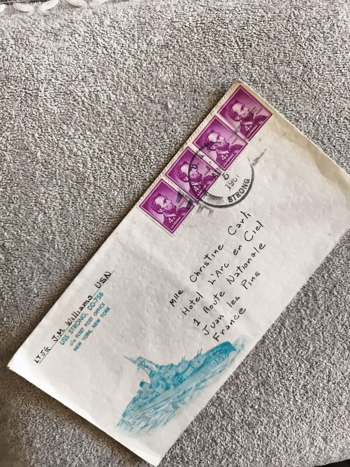 Lettre oblitérée USS Strong 1964 timbres Lincoln violet philatélie USA
