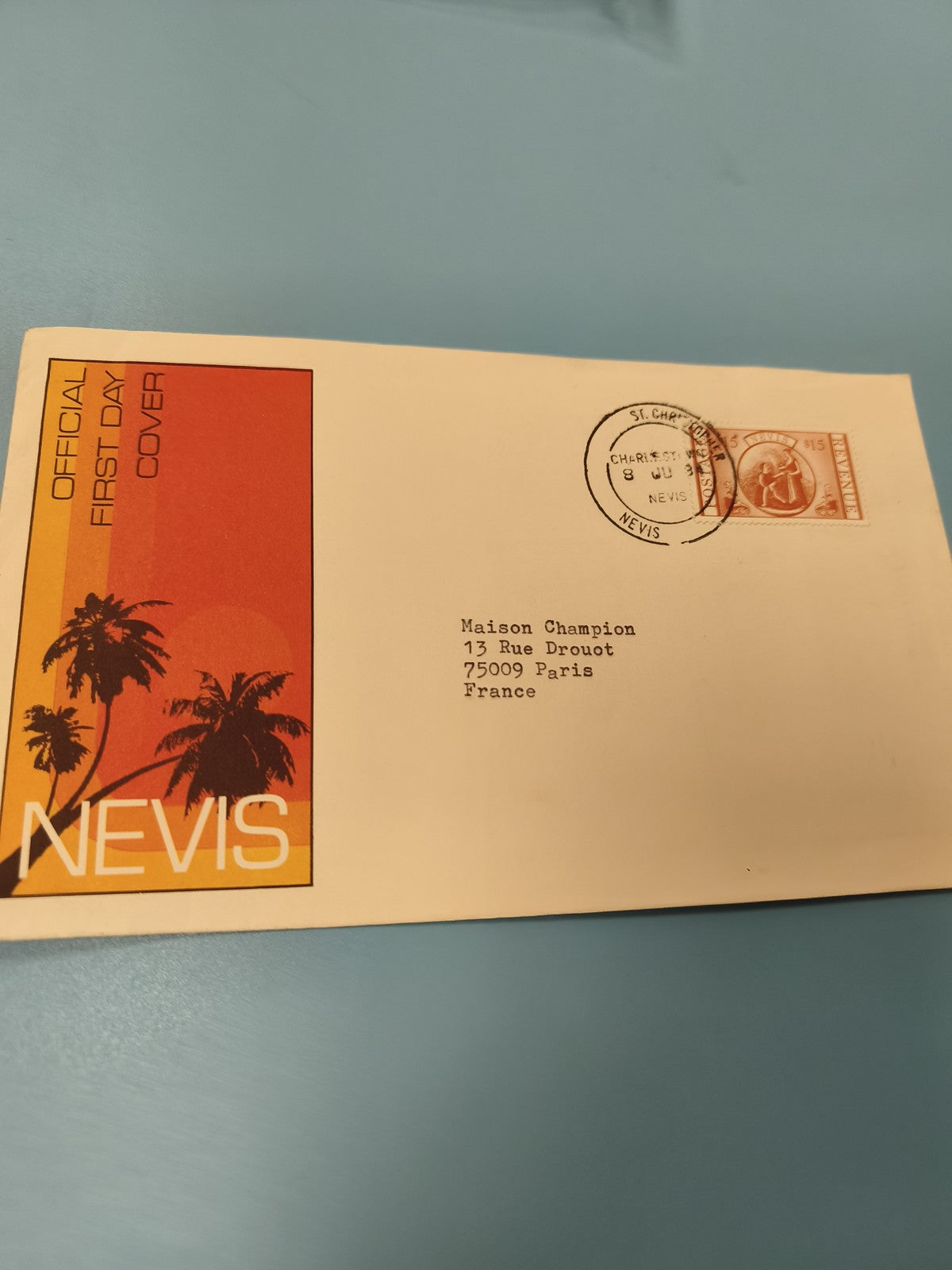 Enveloppe FDC Nevis premier jour d?émission timbre orange palmiers