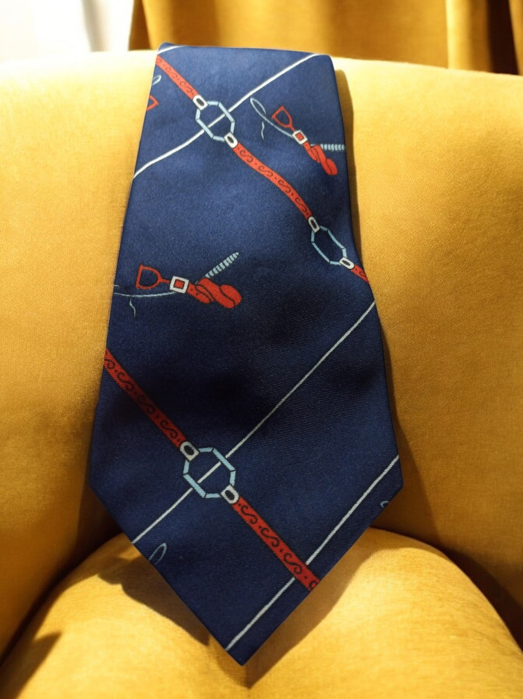 Cravate vintage Silcade Silca bleu motifs équestres rétro homme élégant