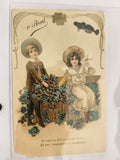 Carte postale ancienne 1er Avril enfants fleurs dorure CPA rétro début XXe