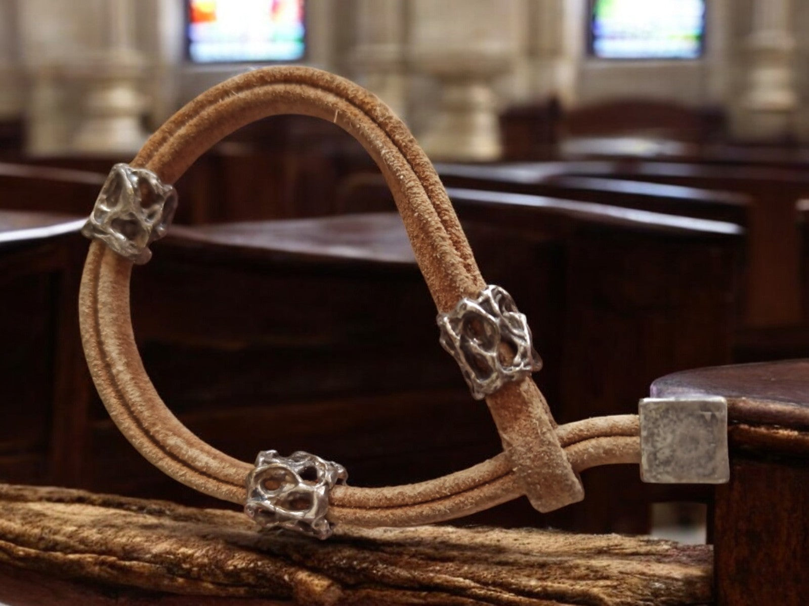 Bracelet vintage cuir véritable, style rétro, perles métal argenté brut