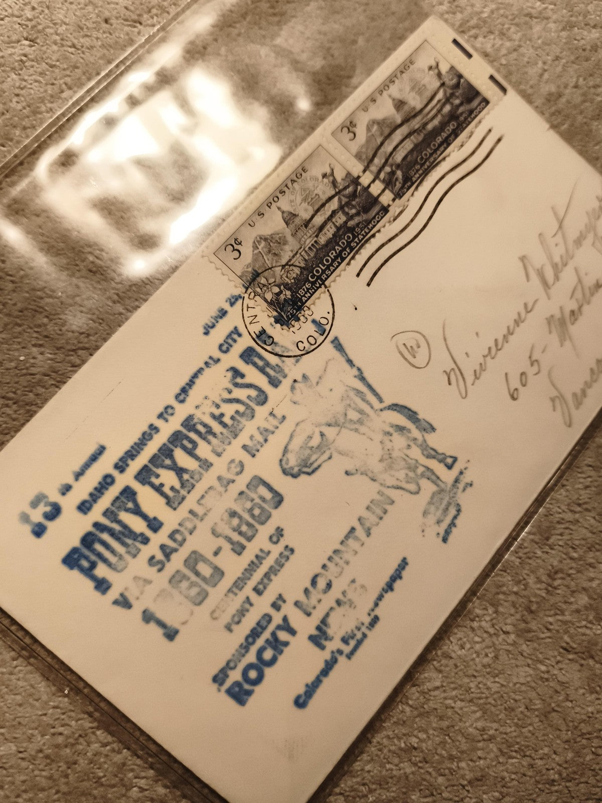 Lettre Pony Express 1960 affranchie 2x timbre USA 3c Colorado philatélie (Ref 13