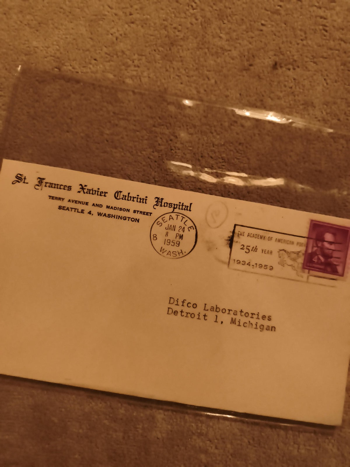 Lettre oblitérée 1959 St Frances Xavier Cabrini Hospital Seattle timbre USA phil
