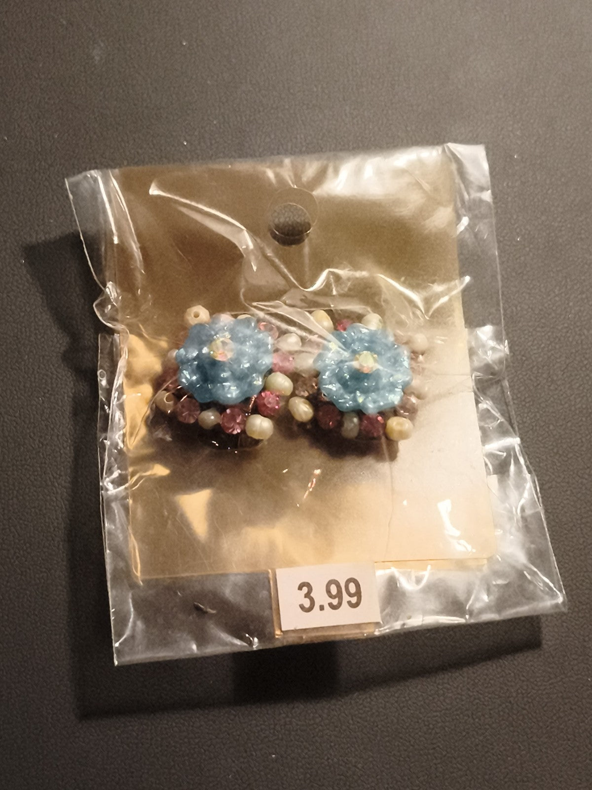 Paire boucles d’oreilles vintage fleurs perles bleu rose deadstock années 60
