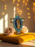 Broche croix religieuse Diocèse de Valence vintage émaillée bleu doré