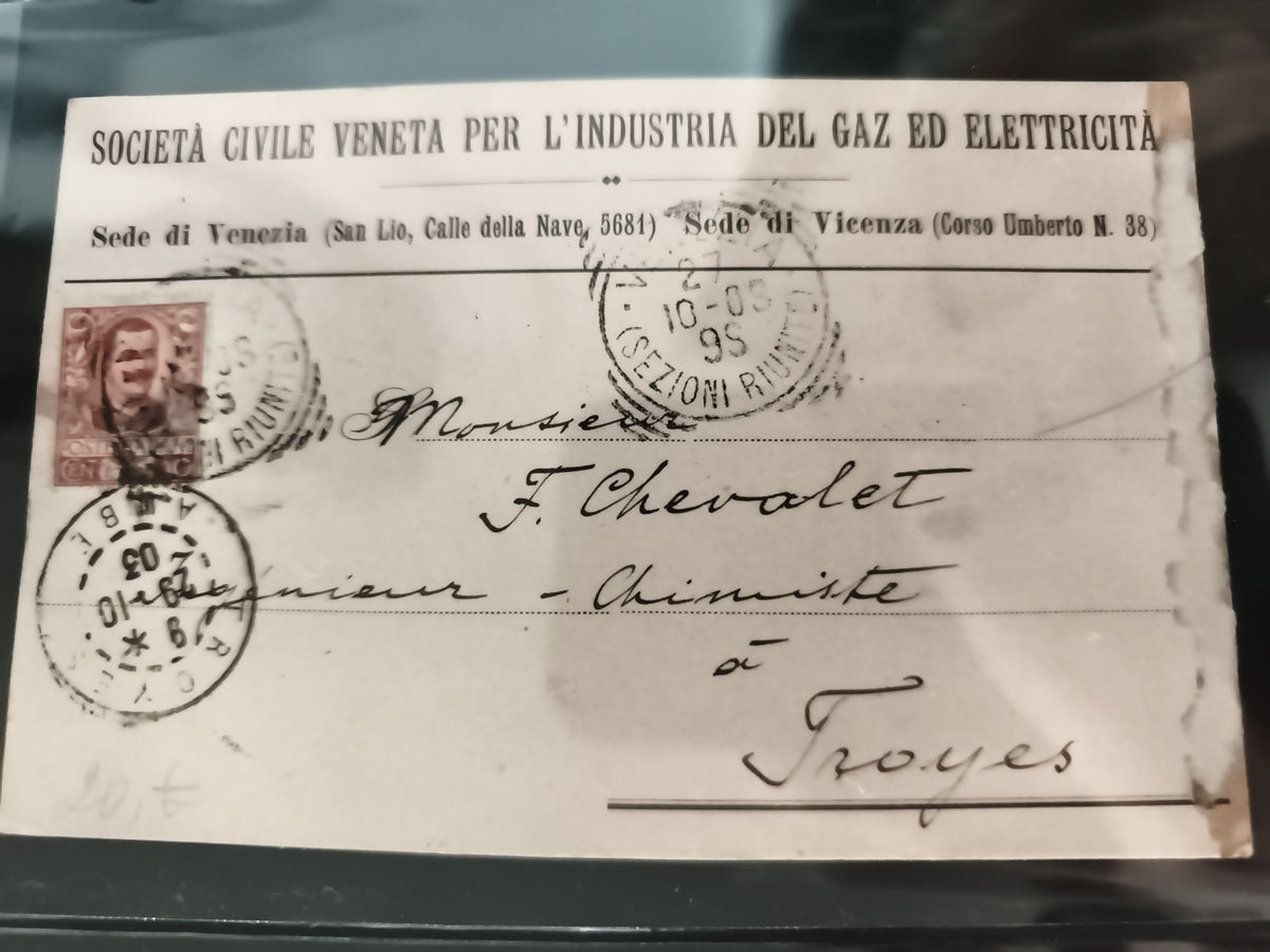 Lettre ancienne Italie Gaz Électricité 1898 cachet Venise Troyes philatélie rare