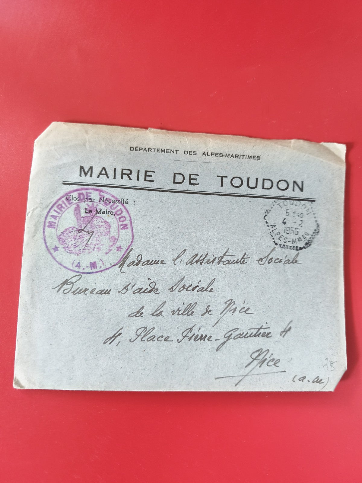 Enveloppe philatélie Mairie de Toudon Alpes-Maritimes cachet visible