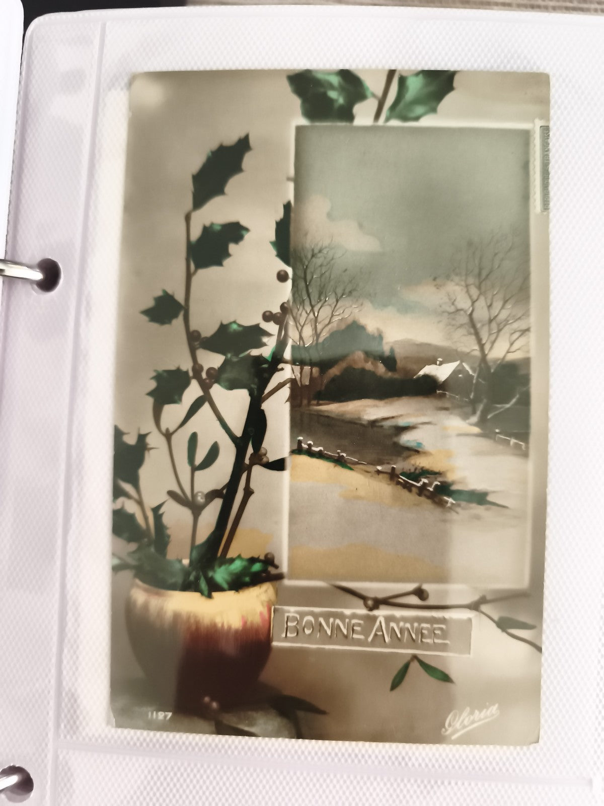 Carte postale ancienne Bonne Année houx paysage hiver Gloria CPA