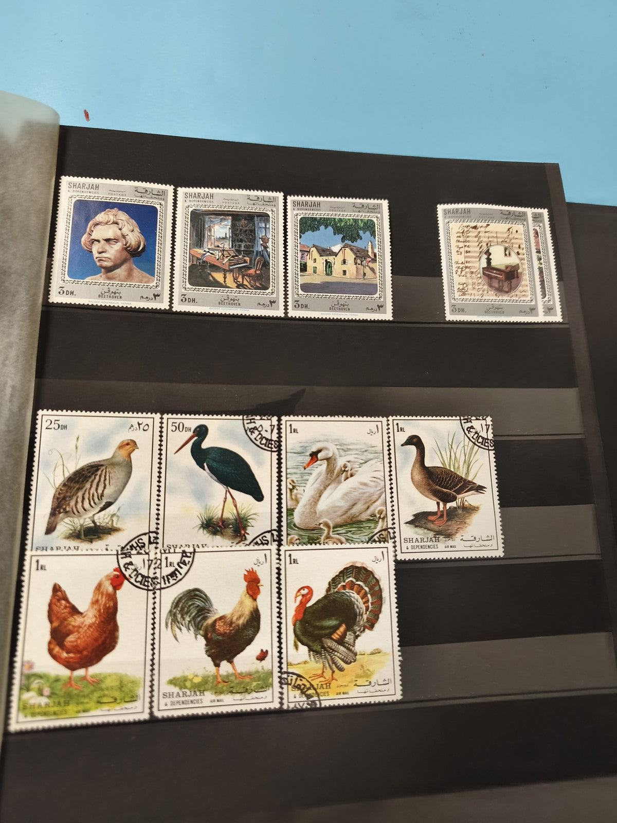 Lot anciens timbres oblitérés Sharjah animaux oiseaux collection philatélie