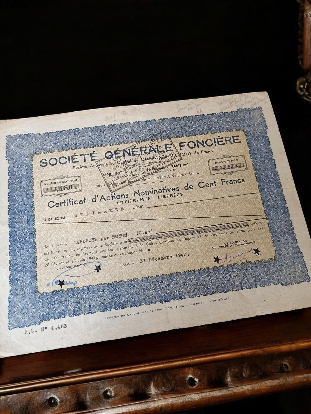 Certificat action nominative SOCIÉTÉ GÉNÉRALE FONCIÈRE 1943 document ancien
