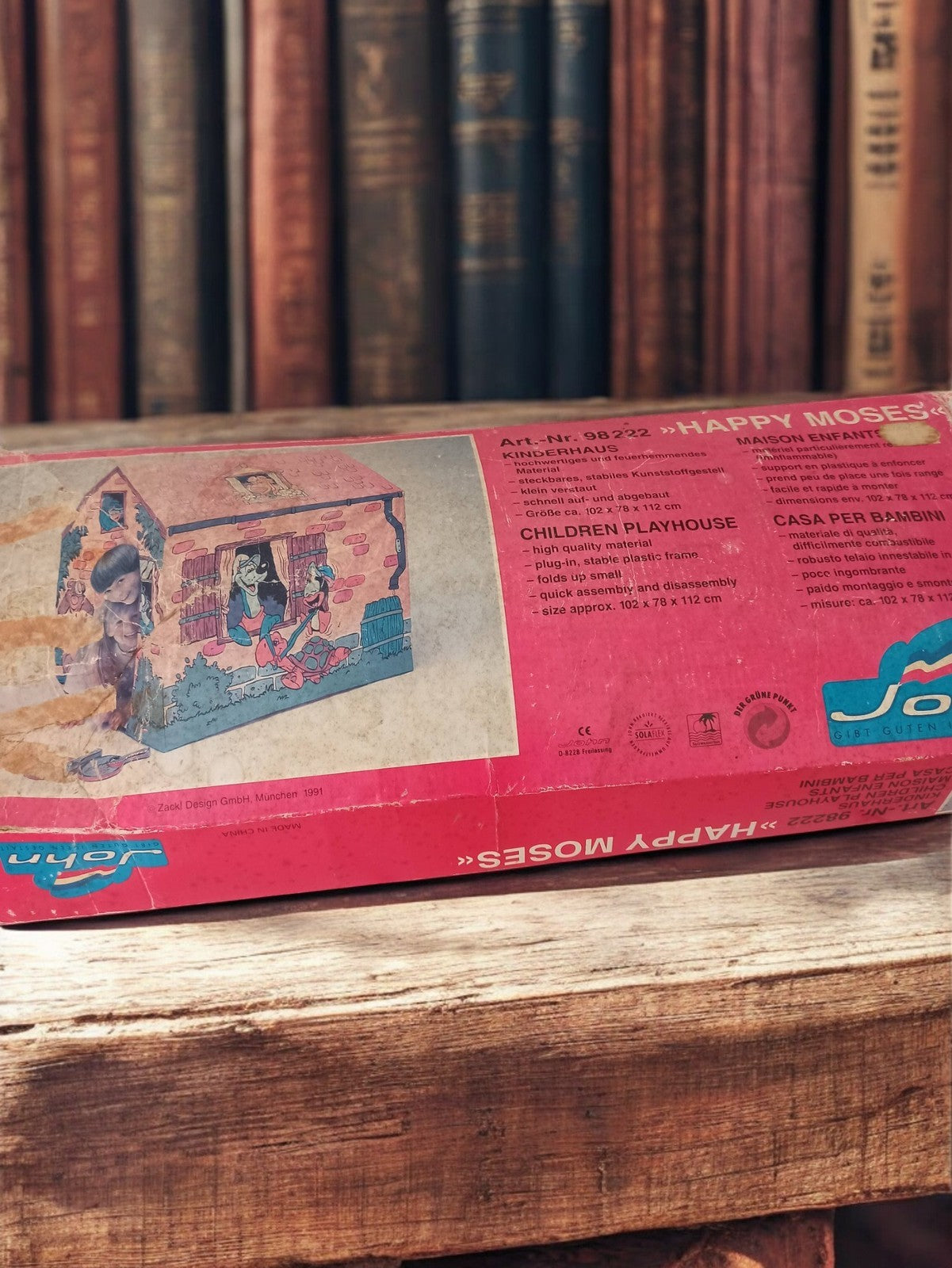 Maison de jeu enfant vintage Happy Moses années 90, carton à restaurer
