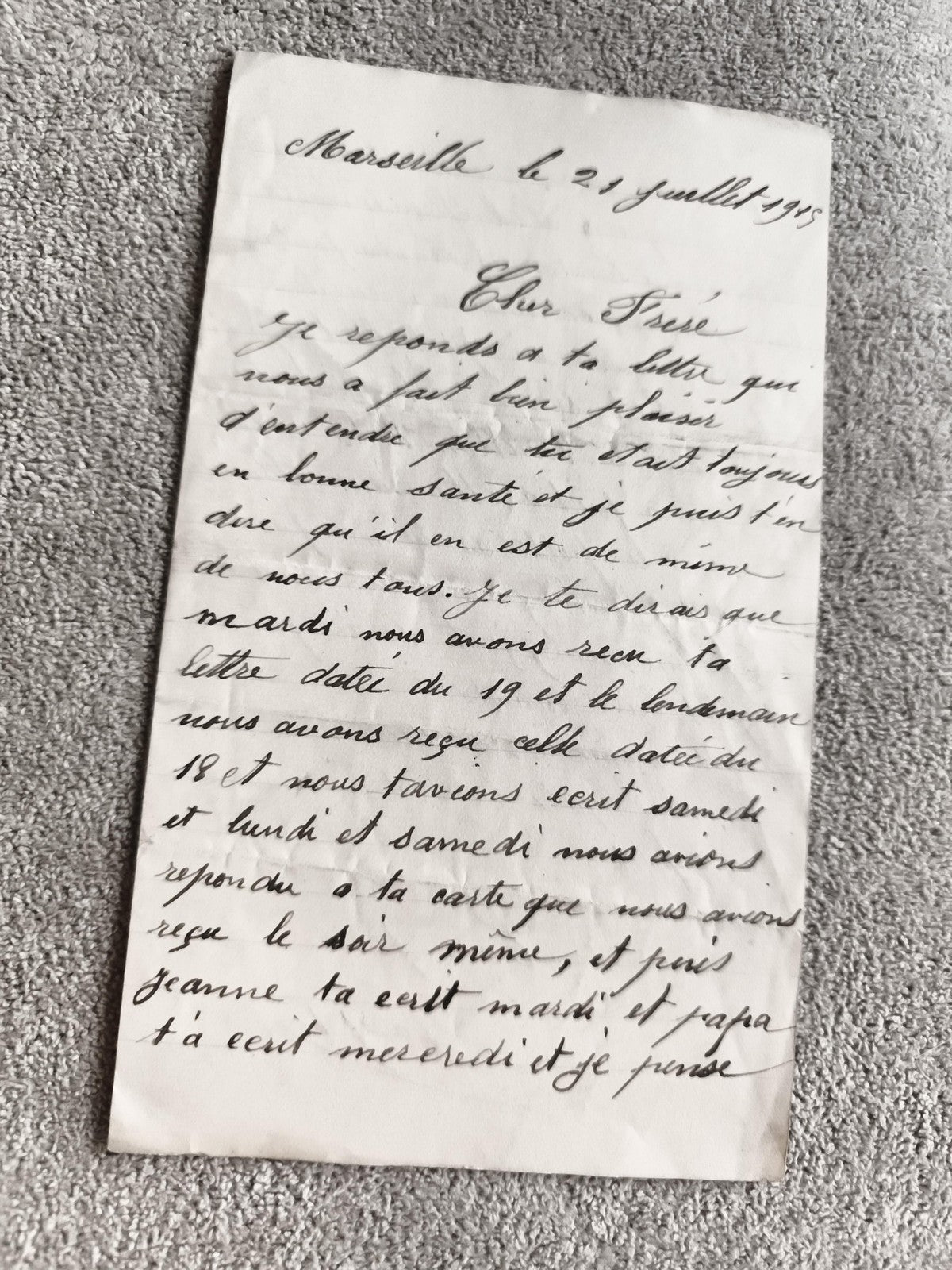 Lettre manuscrite ancienne 1915 Marseille WW1 première guerre mondiale papier