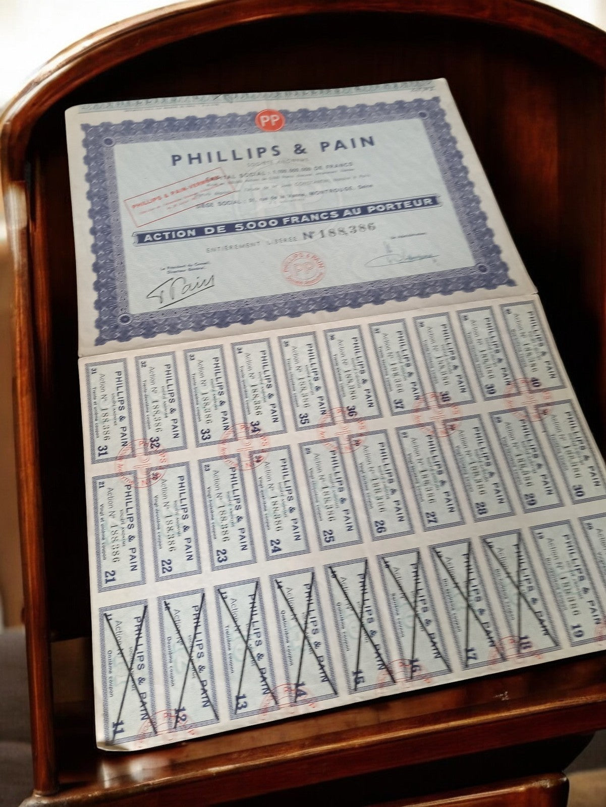 Action au porteur PHILLIPS & PAIN 5000 francs vintage années 1920 document ancie