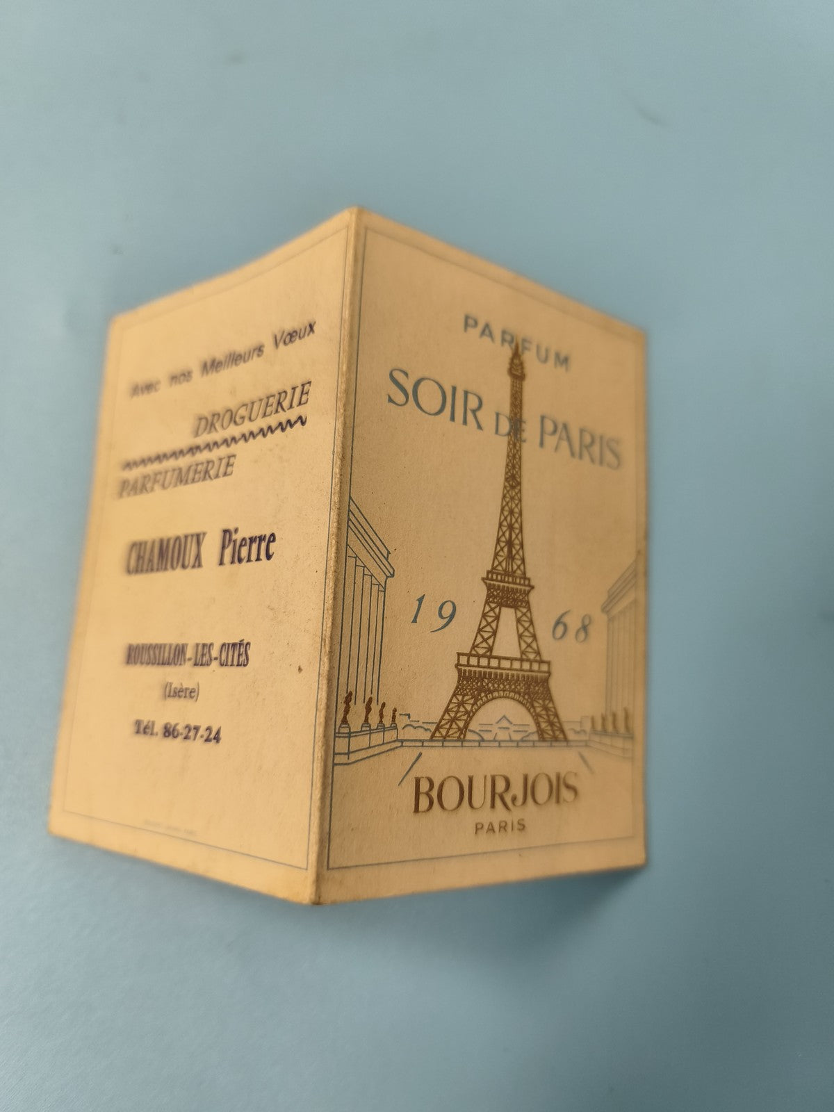 Ancienne carte parfum Soir de Paris Bourjois 1968 vintage, tour Eiffel, rare