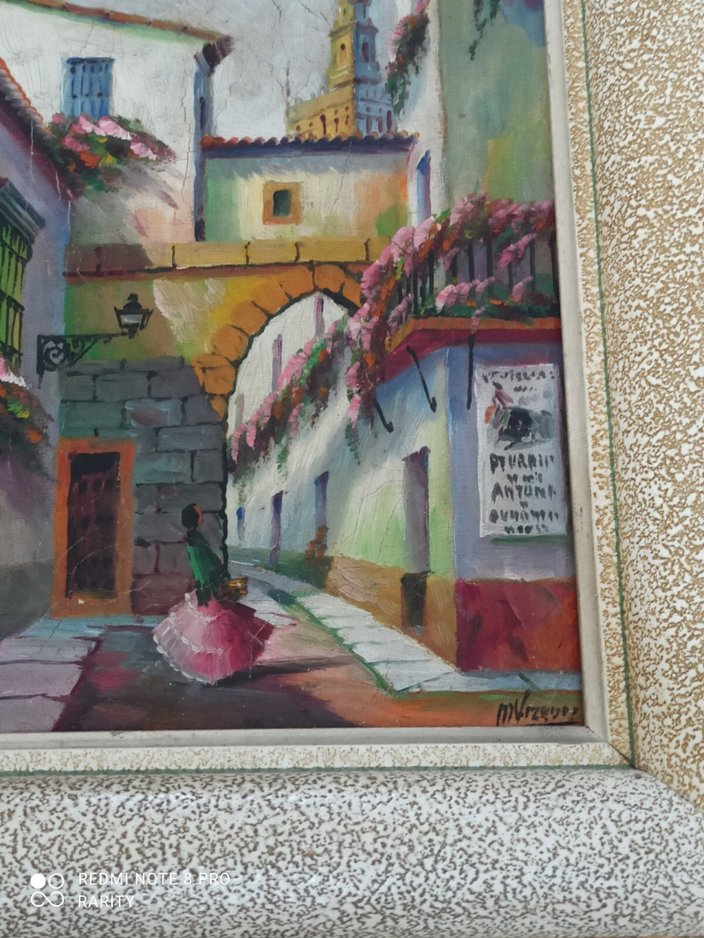 Tableau peinture scène de rue andalouse cadre doré 35x27cm Espagne mural