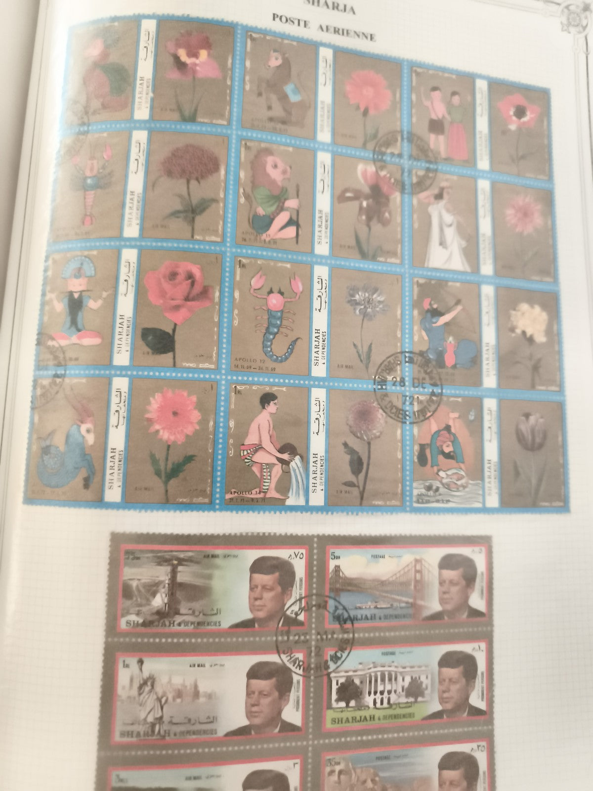 Timbres Sharjah Poste Aérienne thématique fleurs et Kennedy