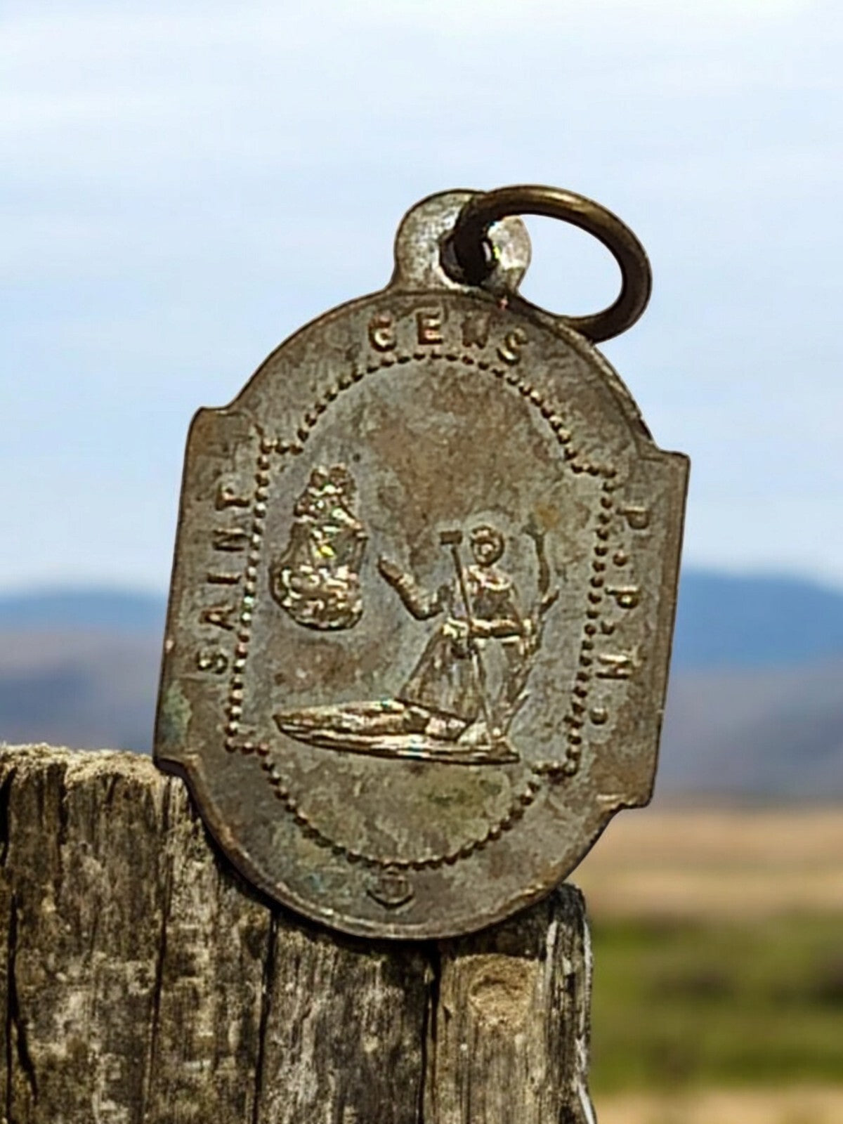 Médaille religieuse ancienne Saint Christophe, patine, pendentif vintage