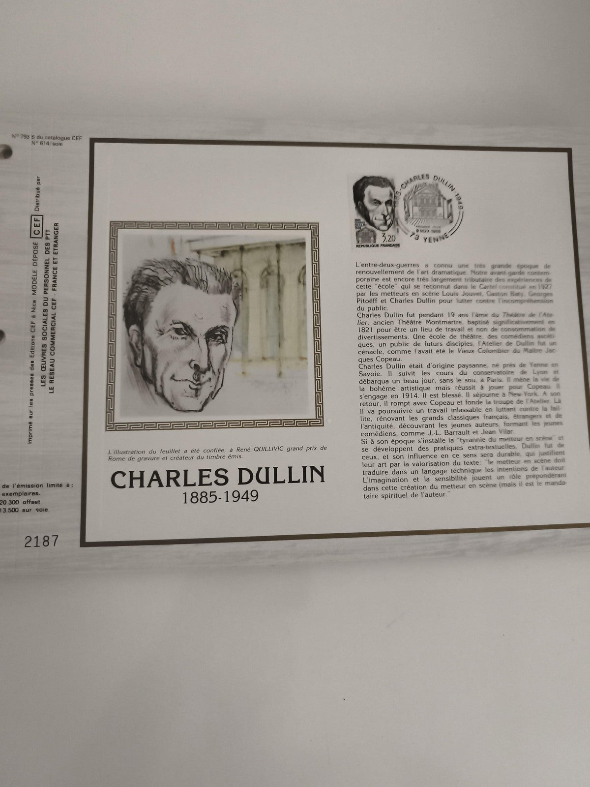 Feuillet CEF Charles Dullin 1885-1949 oblitéré, illustration René Quillivic