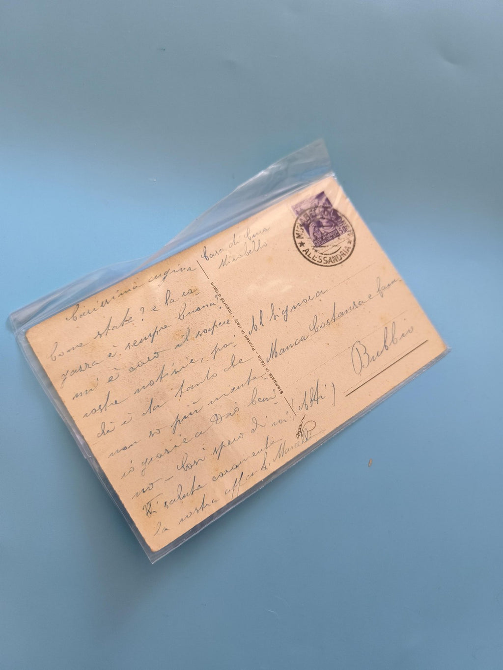 Carte postale ancienne italienne vintage avec timbre époque coloniale, oblitérée
