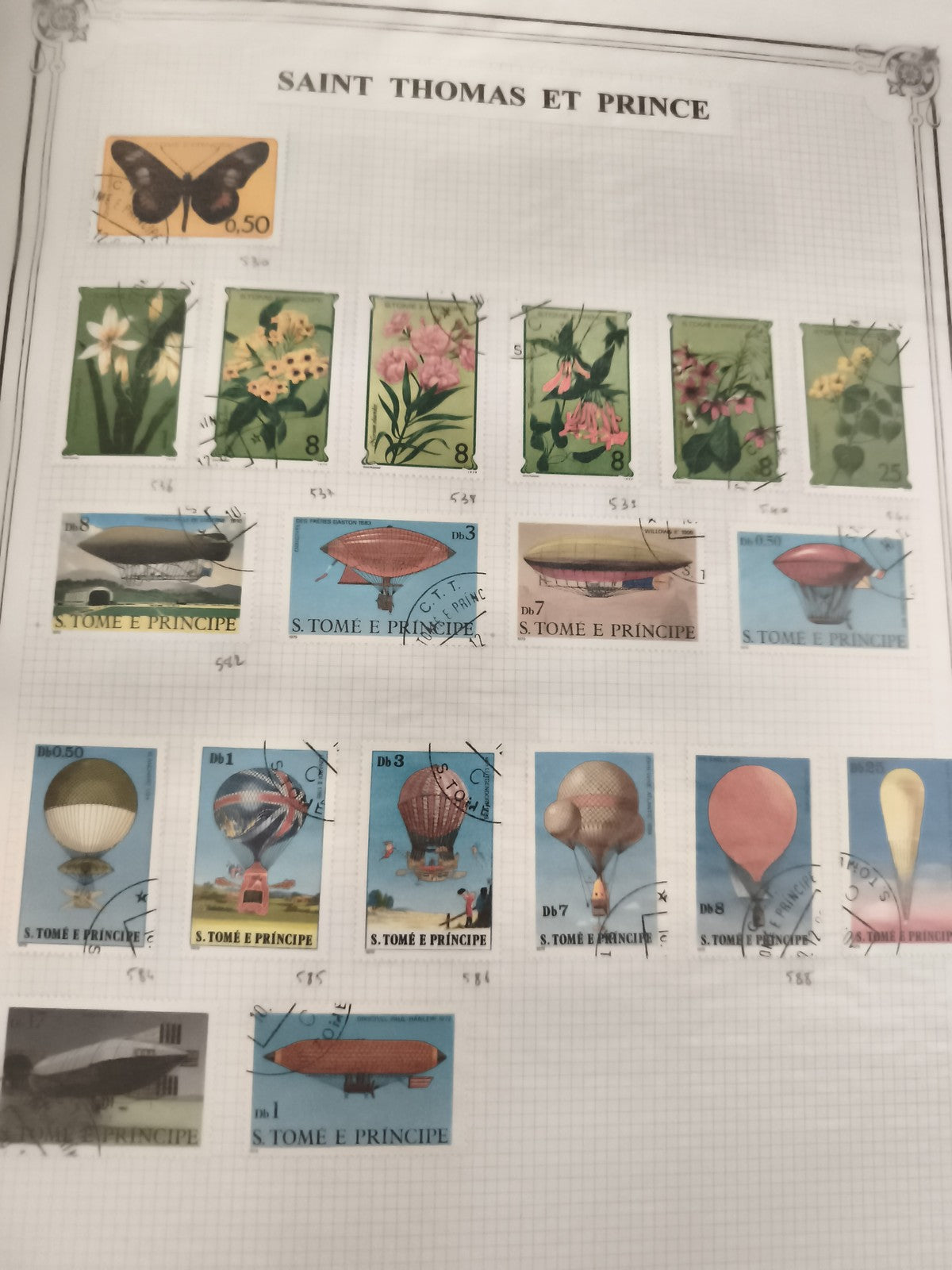 Timbres Saint Thomas et Prince oblitérés motifs fleurs papillons montgolfières