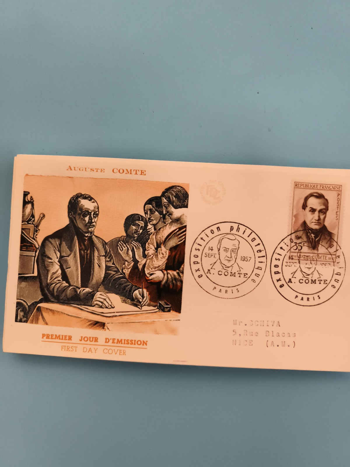 Lettre Premier Jour Auguste Comte 1957 FDC timbre France philatélie (Ref 2)