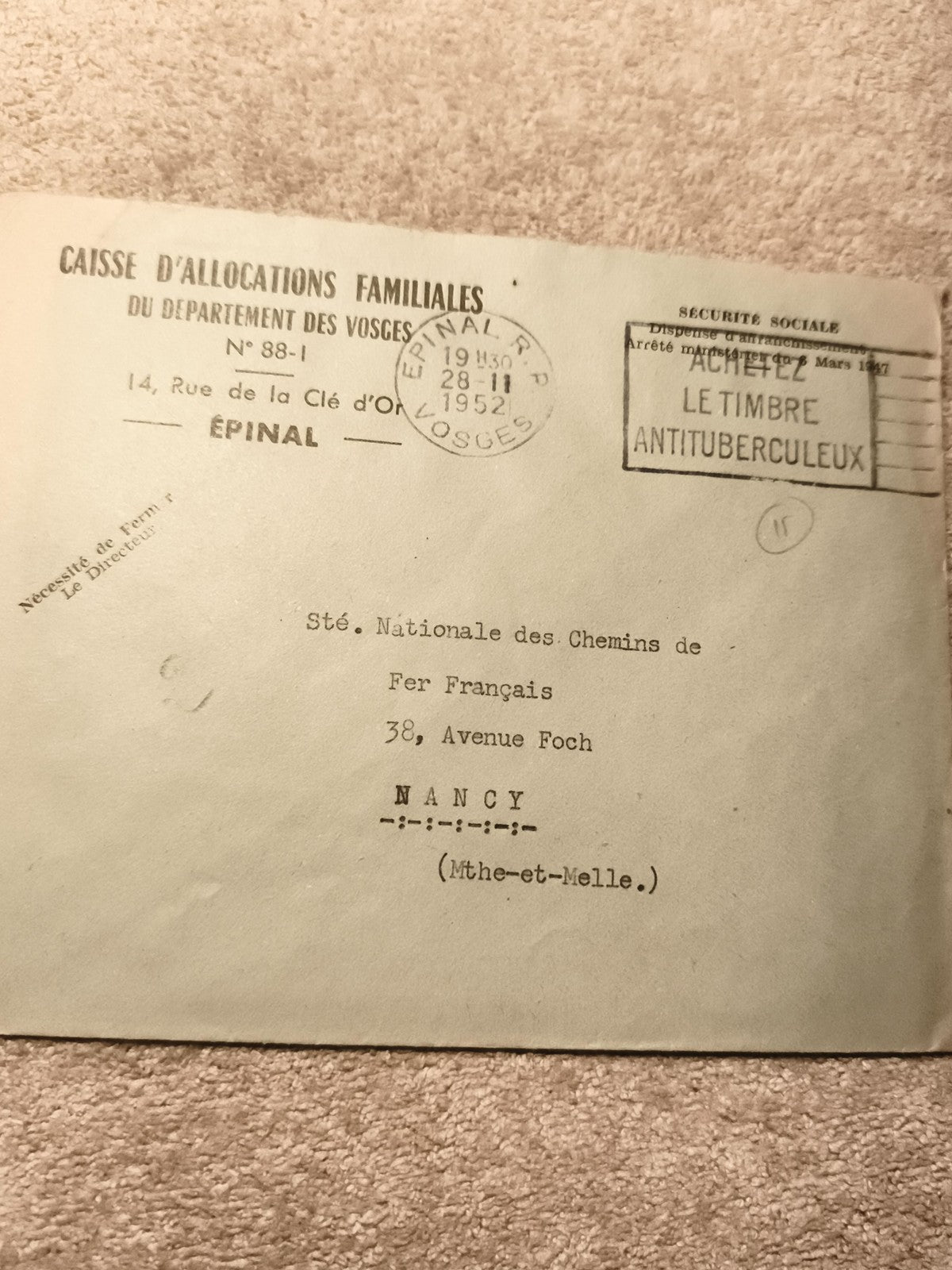 Lettre administrative 1952 CAF Épinal oblitération Sécurité Sociale Vosges phila