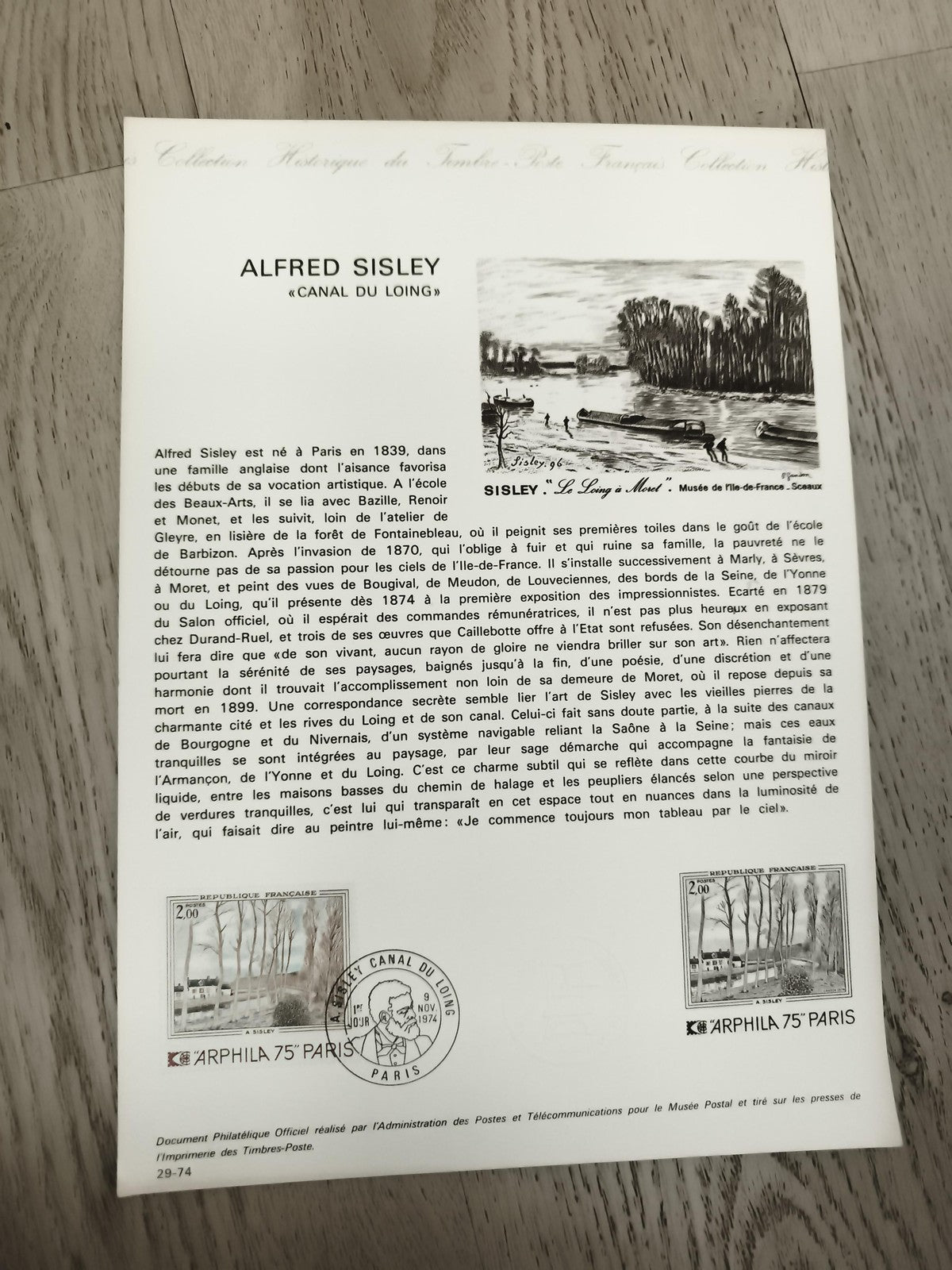 Feuillet philatélique Alfred Sisley Canal du Loing ARPHILA 75 Paris timbre Franc