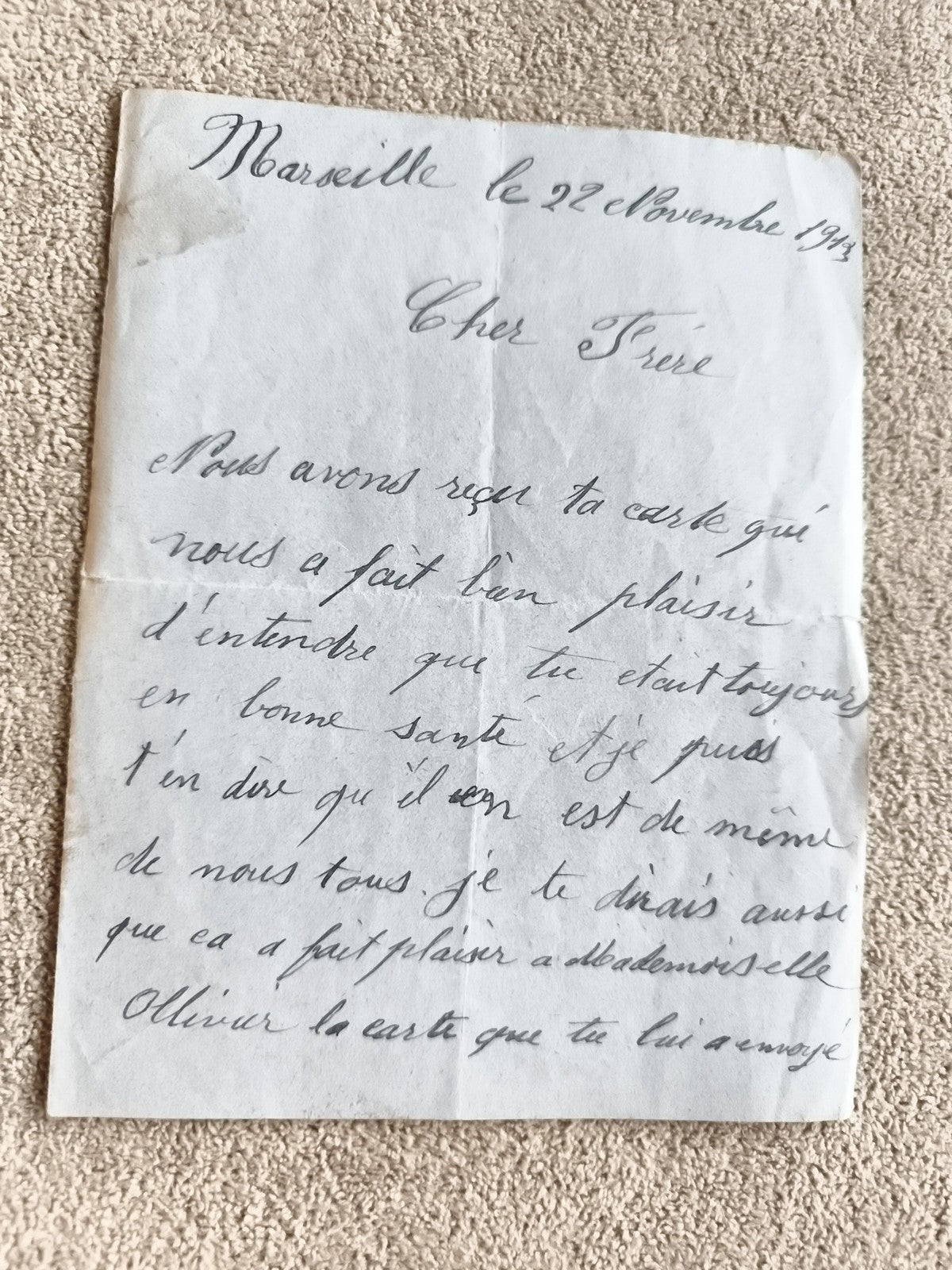 Lettre manuscrite ancienne 1914 Marseille Première Guerre WW1 papier d’époque