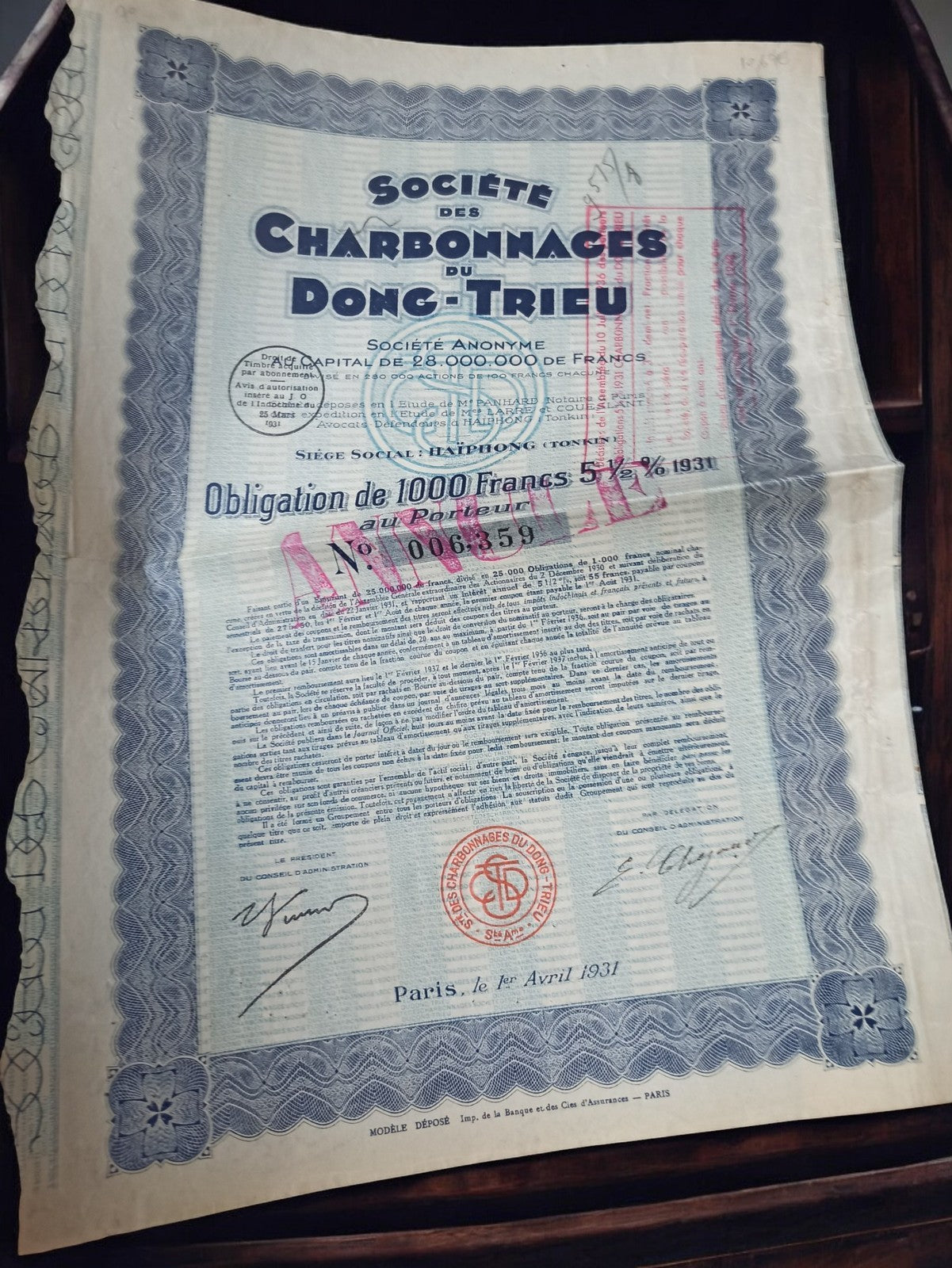 Action ancienne Société Charbonnages Dong-Trieu 1931 vintage papier historique