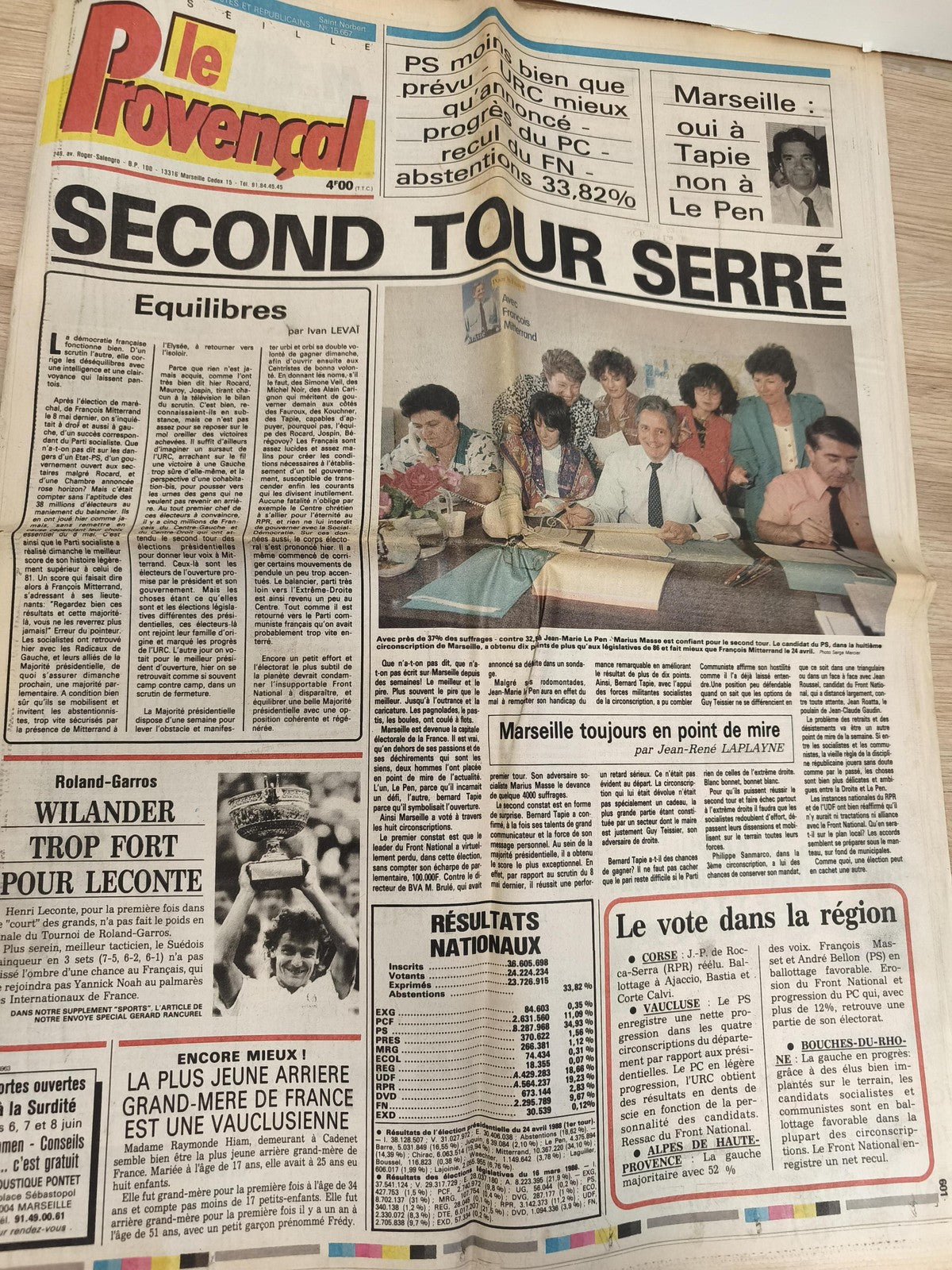 Ancien journal Le Provençal Marseille politique sport Roland-Garros vintage anné