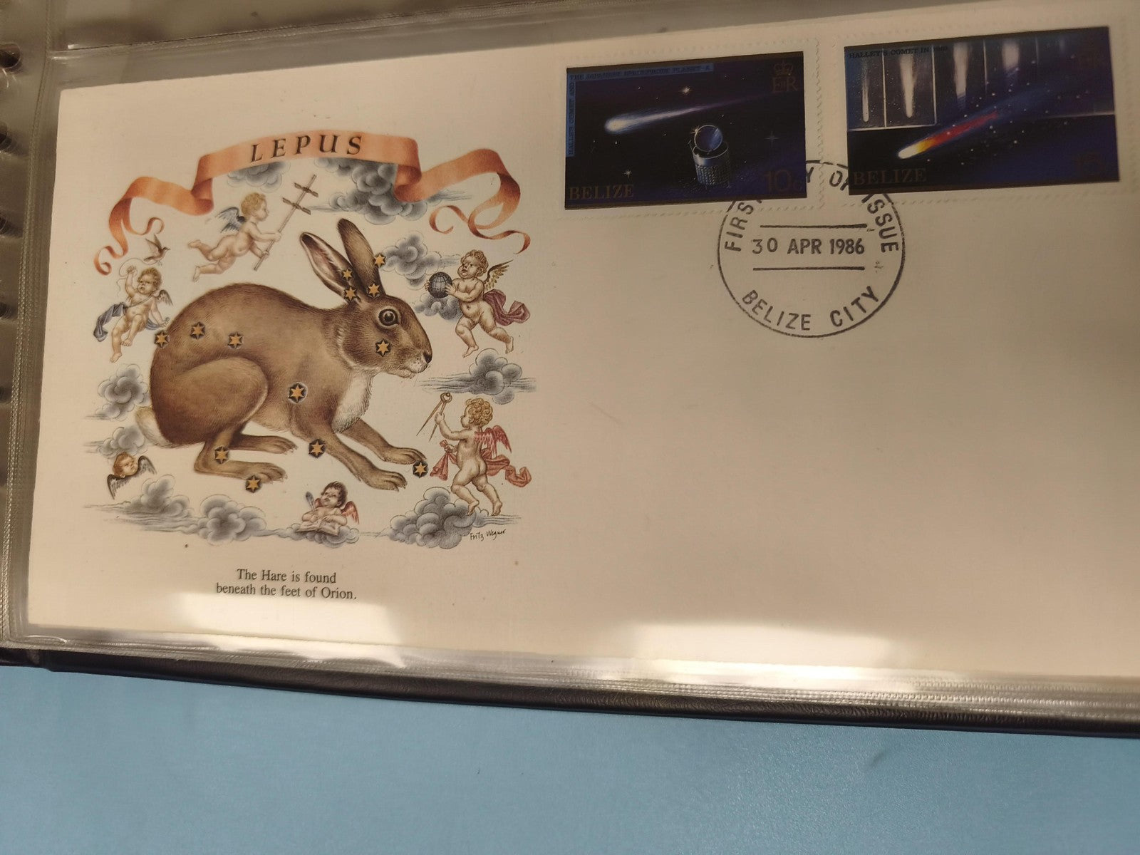 Enveloppe FDC premier jour Belize 1986 Lepus timbres comète Halley illustration