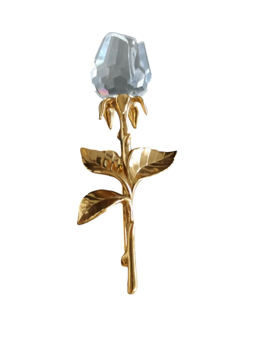 Broche vintage rose cristal doré fleur, bijou ancien signé, épingle rétro