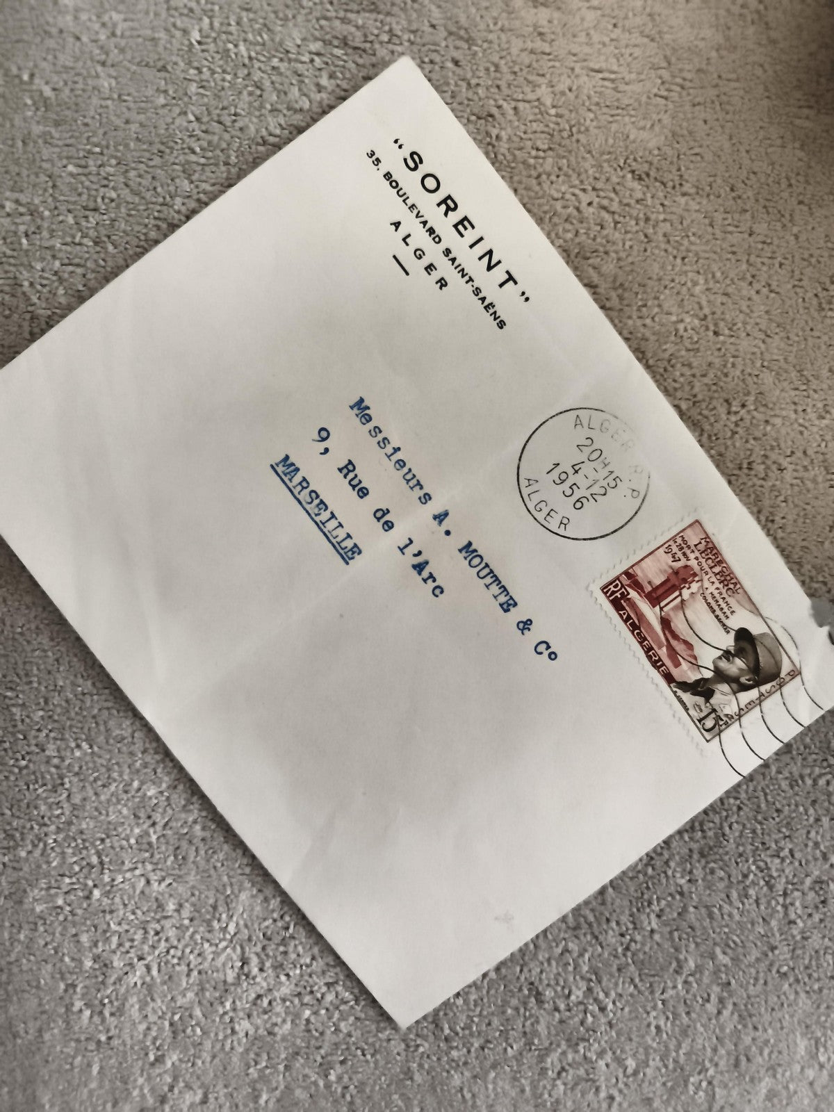 Lettre affranchie Algérie 1956 SOREINT timbre RF philatélie cachet Alger