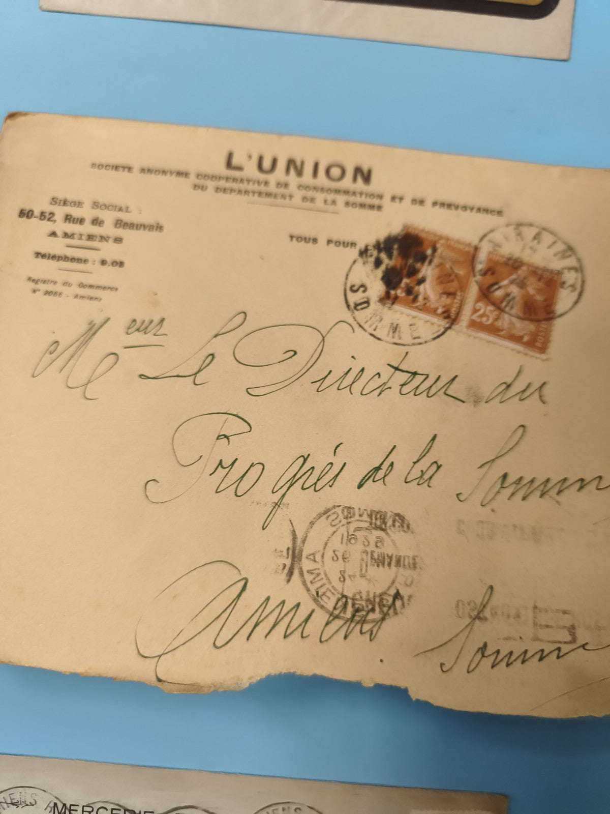 Ancienne enveloppe oblitérée début XXe philatélie L'Union Amiens Somme (Ref 6)