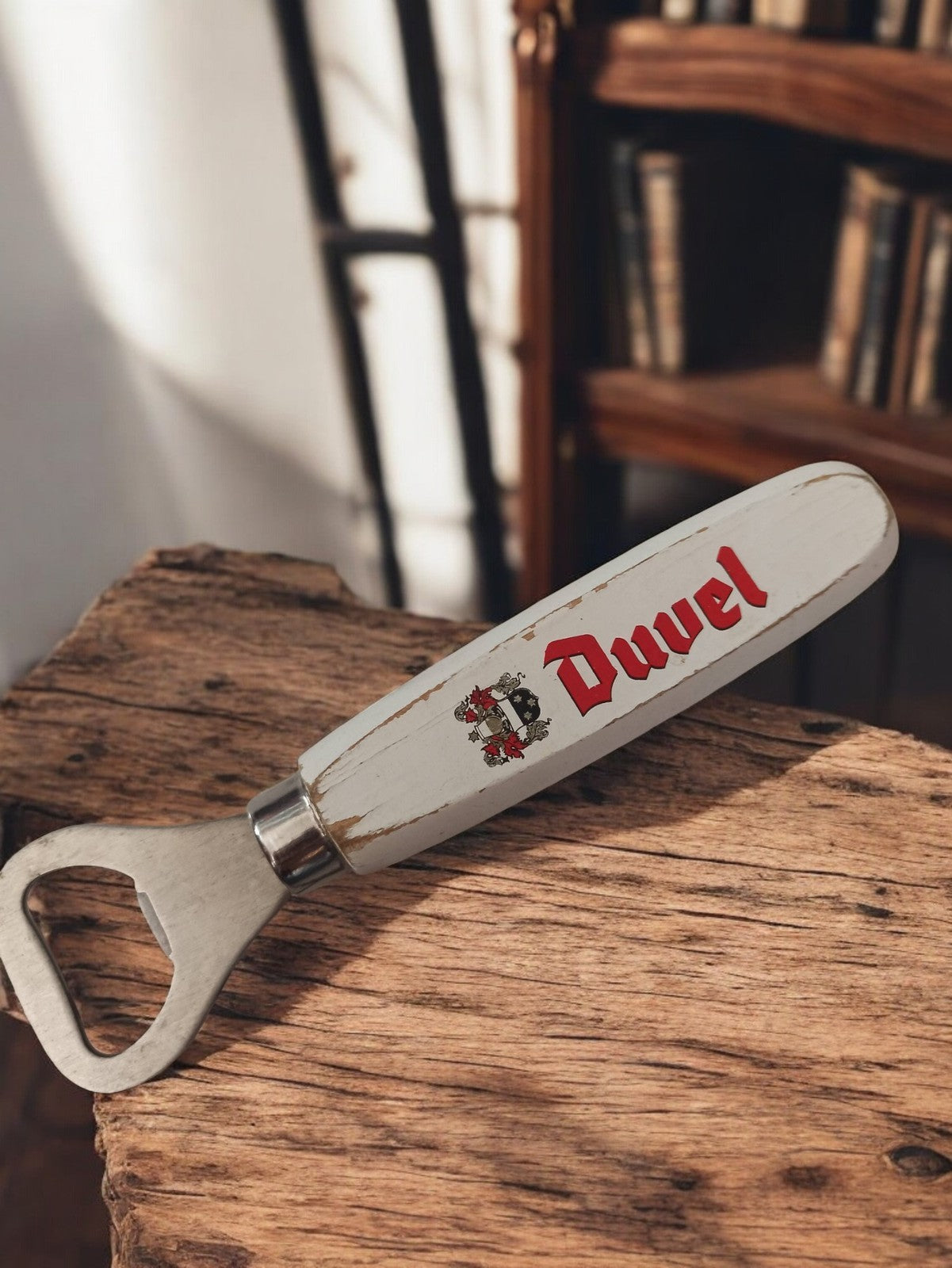 Décapsuleur ancien Duvel publicitaire, ouvre-bouteille rétro vintage, poignée bl