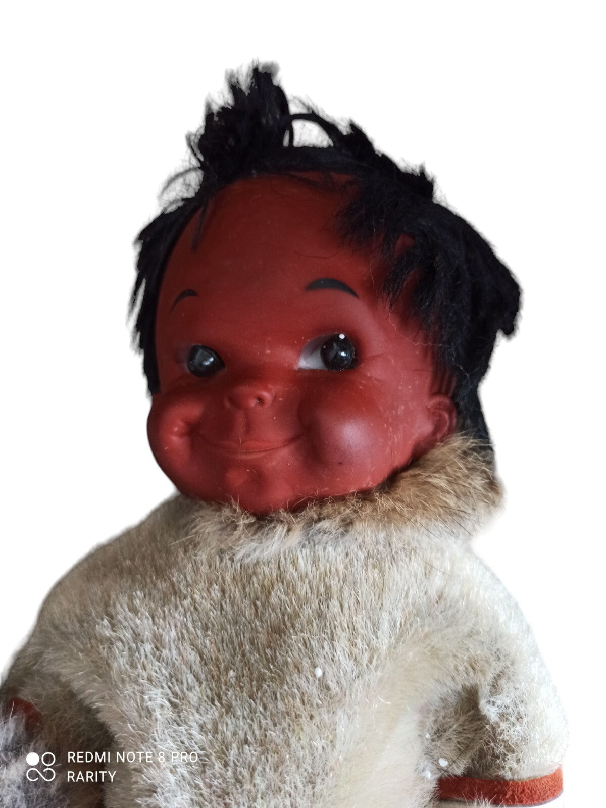 Poupée Eskimo vintage en fourrure véritable, visage vinyle, années 60-70
