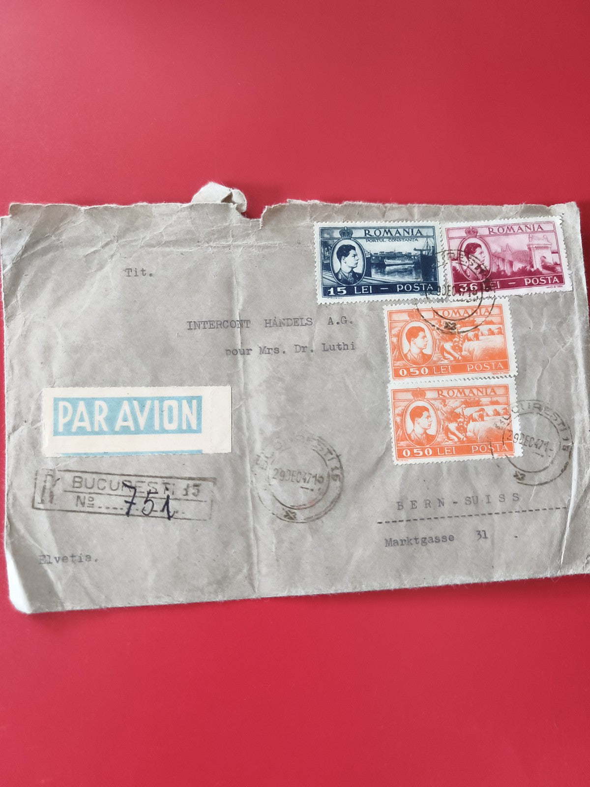 Enveloppe philatélie affranchie Roumanie timbres multiples Par Avion